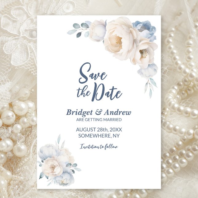 Save The Date Mariage floral blanc bleu foncé (Créateur téléchargé)