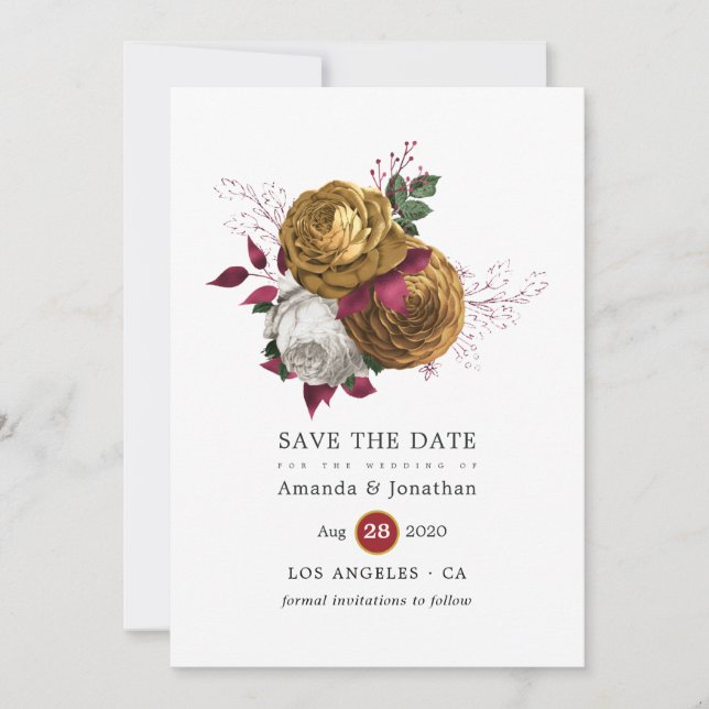 Save The Date Mariage floral blanc, burgundy et or (Devant)