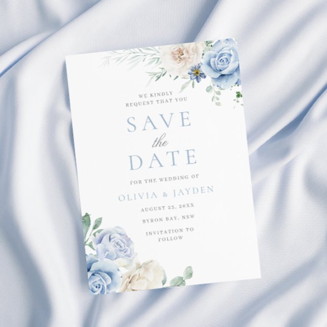 Save The Date Mariage floral blanc et bleu botanique (Créateur téléchargé)