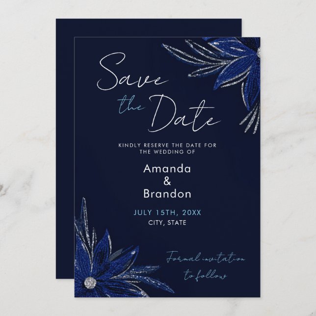 Save The Date Mariage floral bleu argenté et marine (Devant / Derrière)