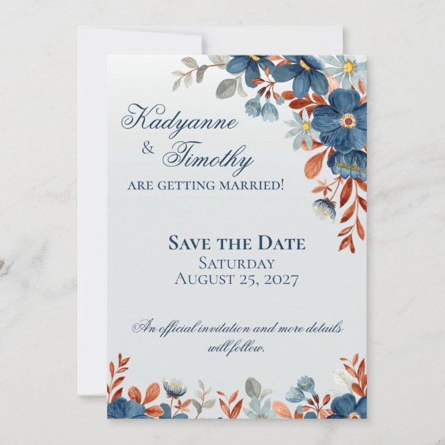 Save The Date Mariage floral bleu barbeau et cuivre (Devant)