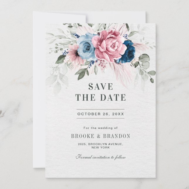 Save The Date Mariage floral bleu bleu bleu pastel rose (Devant)