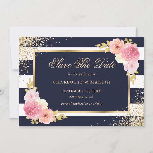 Save The Date Mariage floral bleu bleu marine Confetti Blush Pin (Devant)