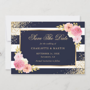 Save The Date Mariage floral bleu bleu marine Confetti Blush Pin