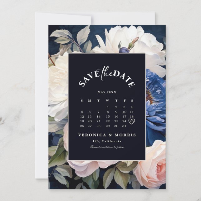 Save The Date Mariage floral bleu bleu marine et bleu roux (Devant)