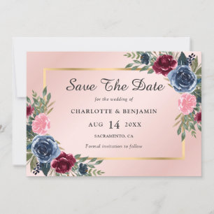 Save The Date Mariage floral bleu bleu marine or bordeaux