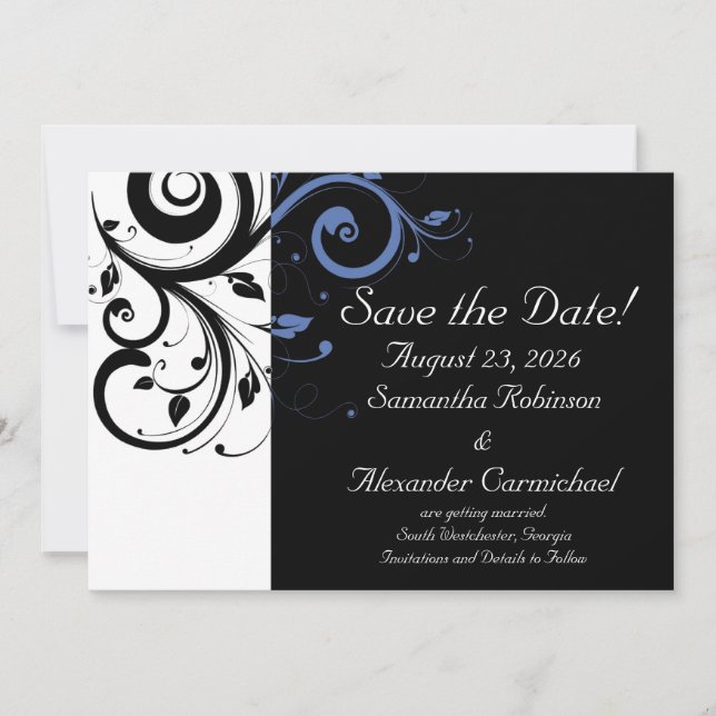 Save The Date Mariage Floral Bleu Bleuet Perwinkle Noir (Devant)