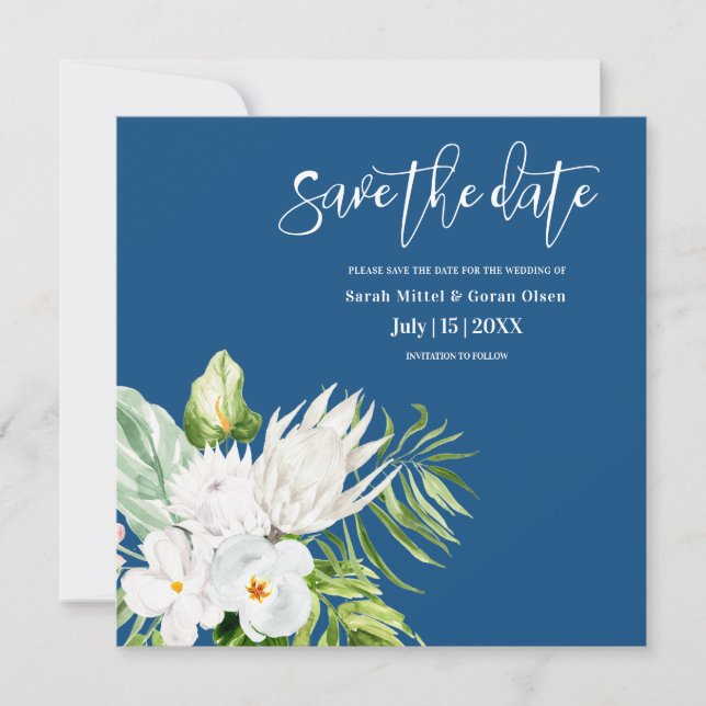 Save The Date Mariage Floral Bleu Classique Enregistrer La Date (Devant)