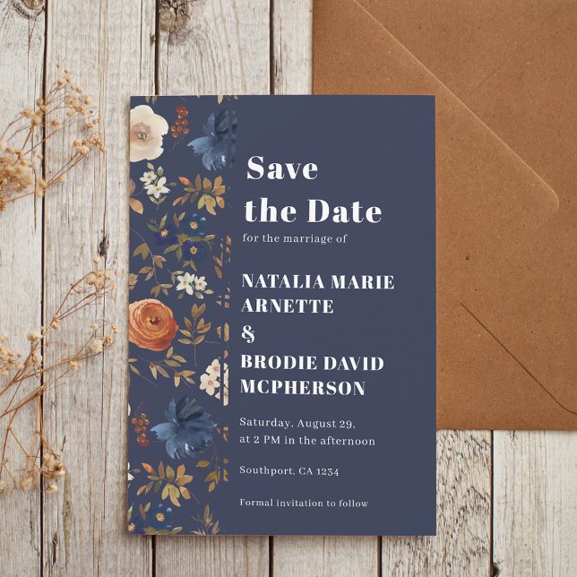 Save The Date Mariage floral bleu de la marine russe Enregistrer (Créateur téléchargé)