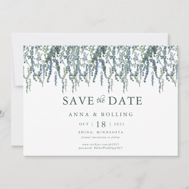 Save The Date Mariage Floral Bleu de Verdure de Vigne (Devant)