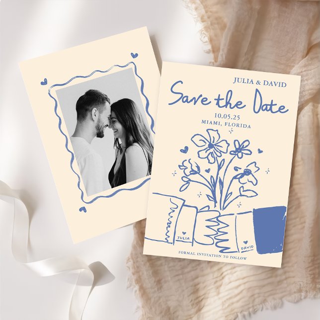 Save The Date Mariage Floral Bleu Dessiné à la Main Fantaisiste (Créateur téléchargé)