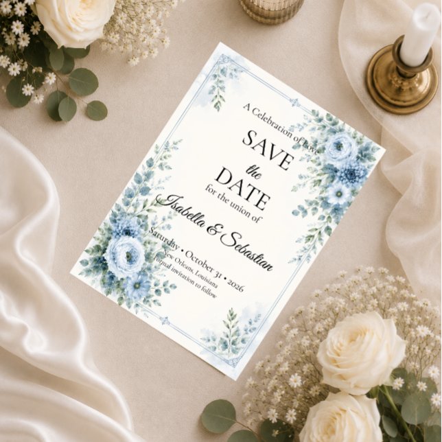 Save The Date Mariage Floral Bleu Élégant (Créateur téléchargé)