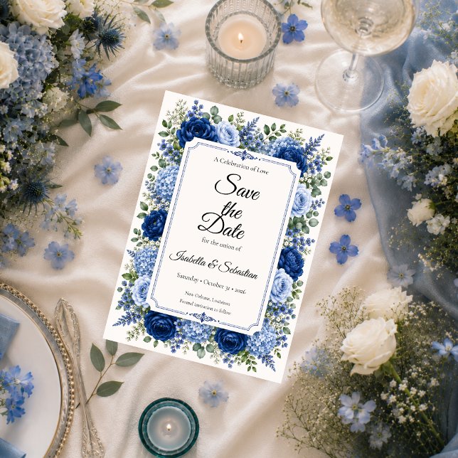Save The Date Mariage Floral Bleu Élégant (Créateur téléchargé)