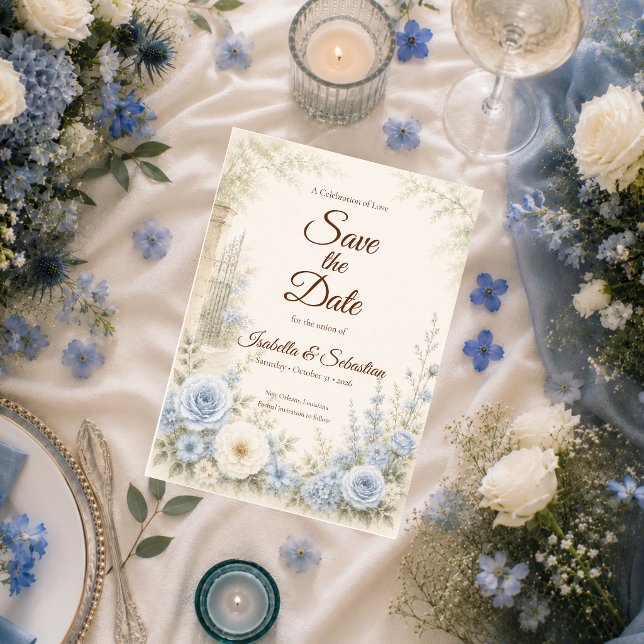 Save The Date Mariage floral bleu élégant (Créateur téléchargé)