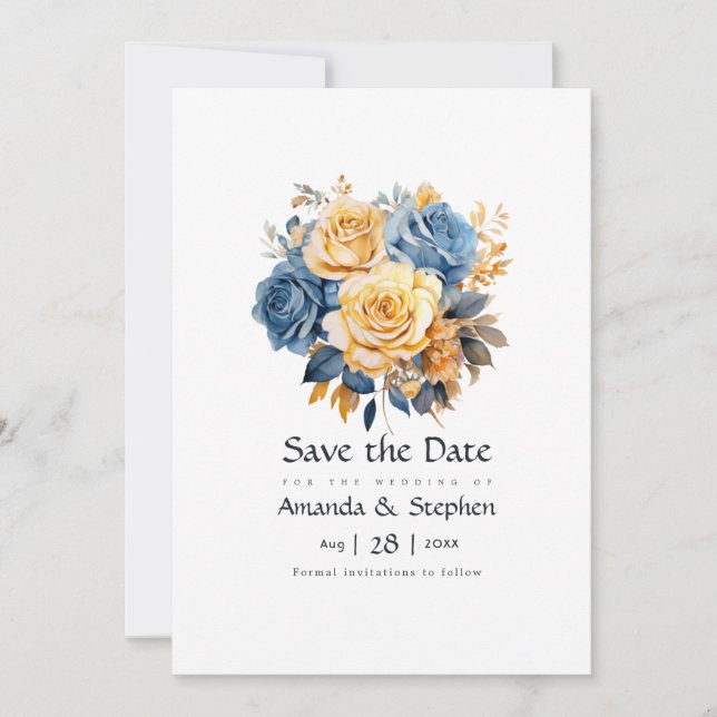 Save The Date Mariage floral bleu et or (Devant)