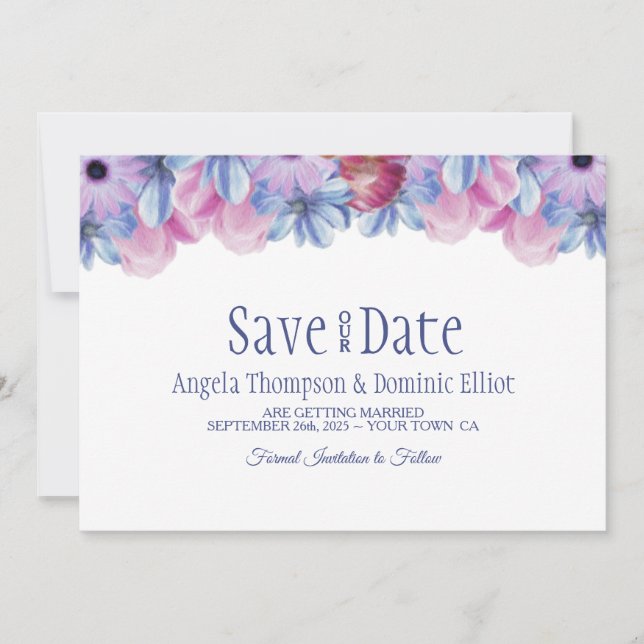 Save The Date Mariage floral bleu et rose poussiéreux Enregistre (Devant)
