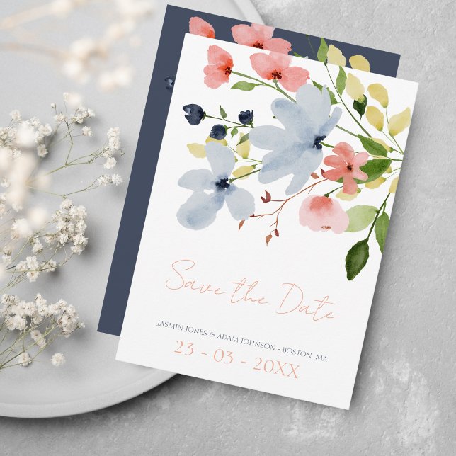 Save The Date Mariage floral bleu et rose simple Boho (Créateur téléchargé)