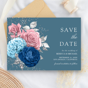 Save The Date Mariage floral bleu foncé rose