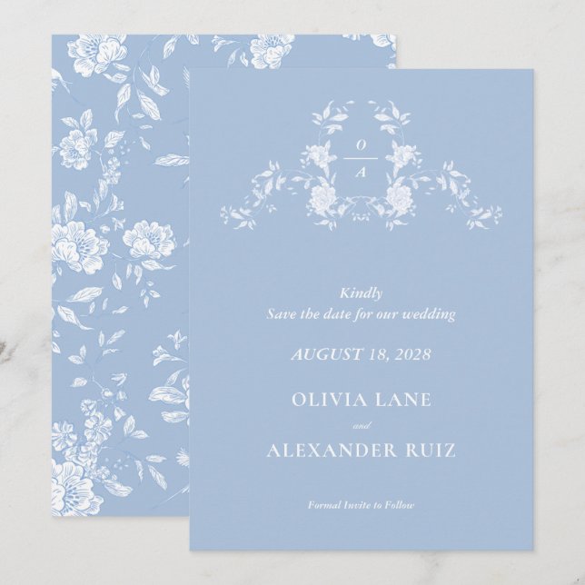 Save The Date Mariage Floral Bleu Français Botanique Oiseaux (Devant / Derrière)