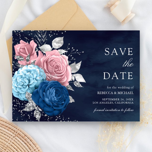 Save The Date Mariage floral bleu marine argent Dusty rose (Créateur téléchargé)
