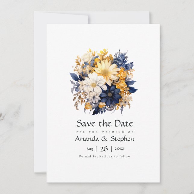 Save The Date Mariage floral bleu marine, blanc et or (Devant)
