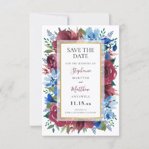 Save The Date Mariage floral bleu marine Bourgogne or
