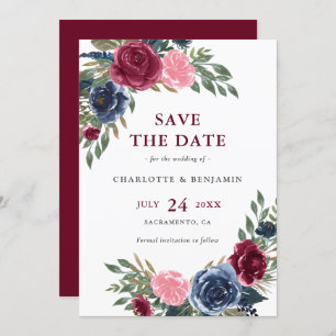 Save The Date Mariage floral bleu marine et bordeaux personnalis