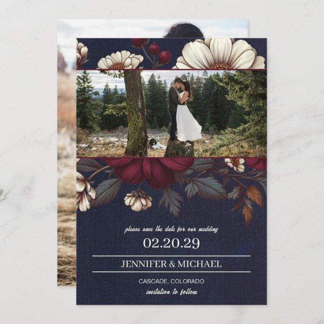 Save The Date Mariage floral bleu marine et bourgogne (Devant / Derrière)
