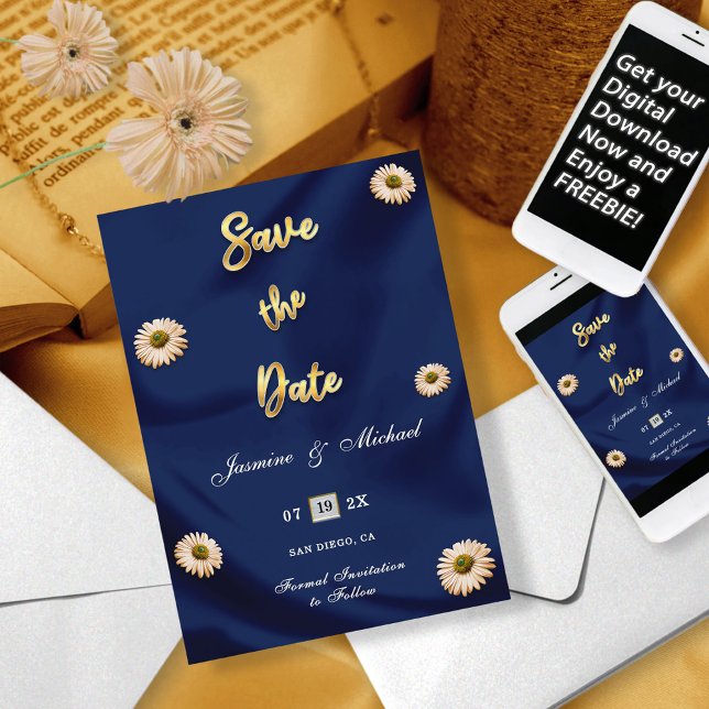 Save The Date Mariage floral bleu marine or argent ivoire beige (Créateur téléchargé)