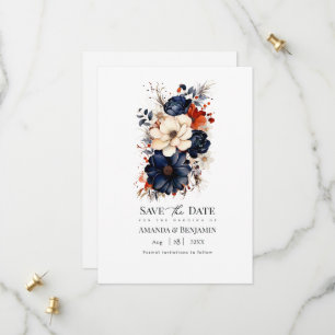 Save The Date Mariage floral bleu marine, orange brûlé et champa