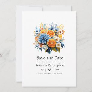 Save The Date Mariage floral bleu, orange et jaune