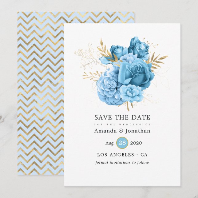 Save The Date Mariage floral bleu pastel et or (Devant / Derrière)