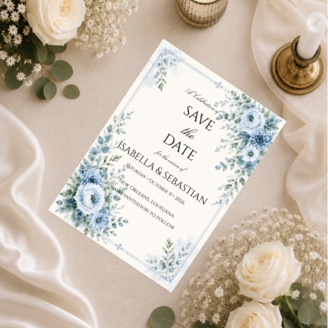 Save The Date Mariage Floral Bleu Poussiéreux (Créateur téléchargé)