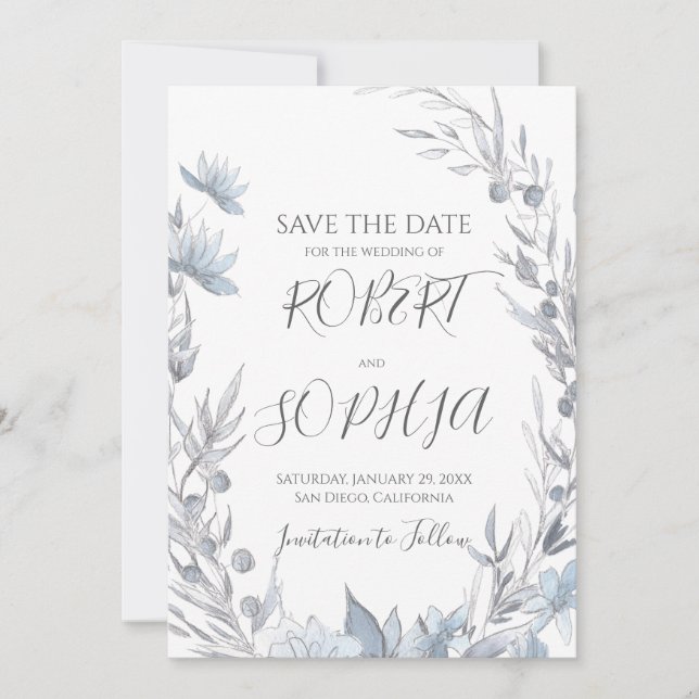 Save The Date Mariage Floral Bleu Poussiéreux (Devant)