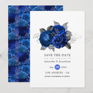 Save The Date Mariage floral bleu royal, noir et argent