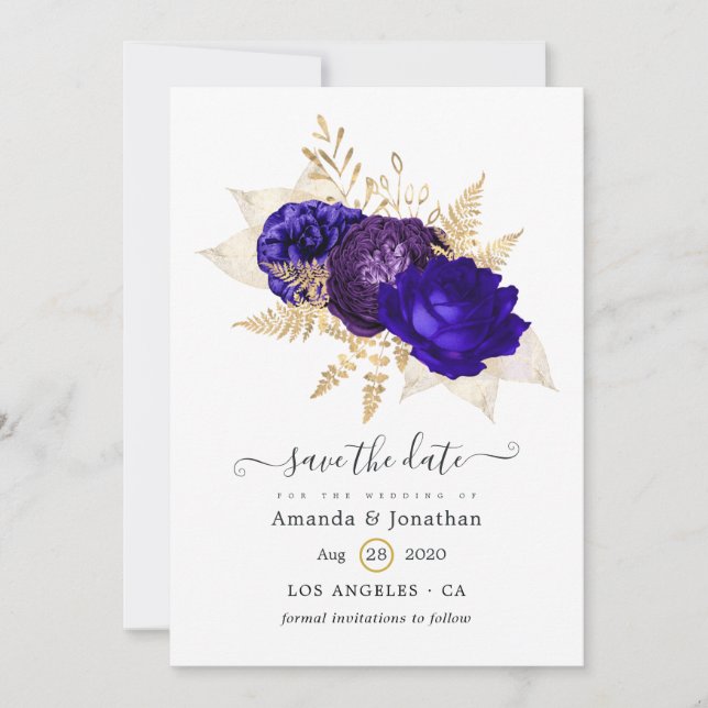 Save The Date Mariage floral bleu royal, violet et or (Devant)