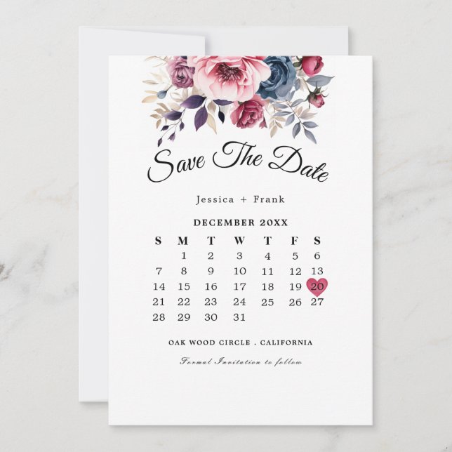 Save The Date Mariage floral bleu rustique bordeaux & violet (Devant)