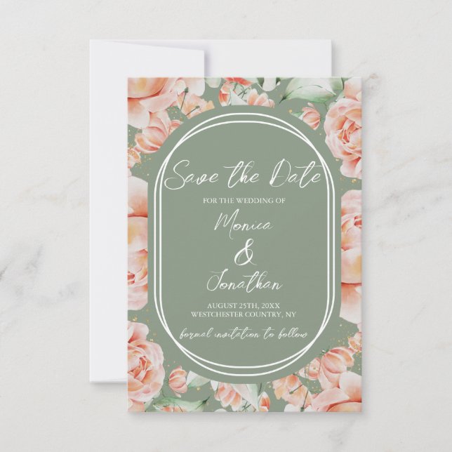 Save The Date Mariage floral bleu rustique Sage Green (Devant)