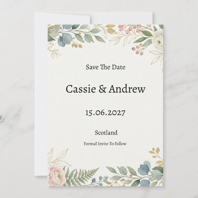 Save The Date Mariage Floral Bleu Vert (Devant)