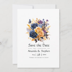 Save The Date Mariage floral bleu, violet, or et noir