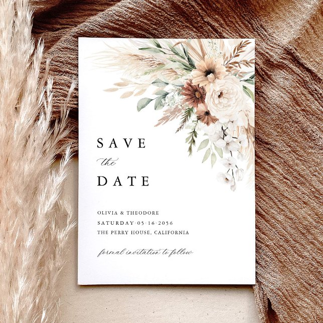 Save The Date Mariage Floral Bohème avec Herbe de Pampas (Boho pampas grass floral save the date card, rustic beige terracotta sage green wedding stationery)