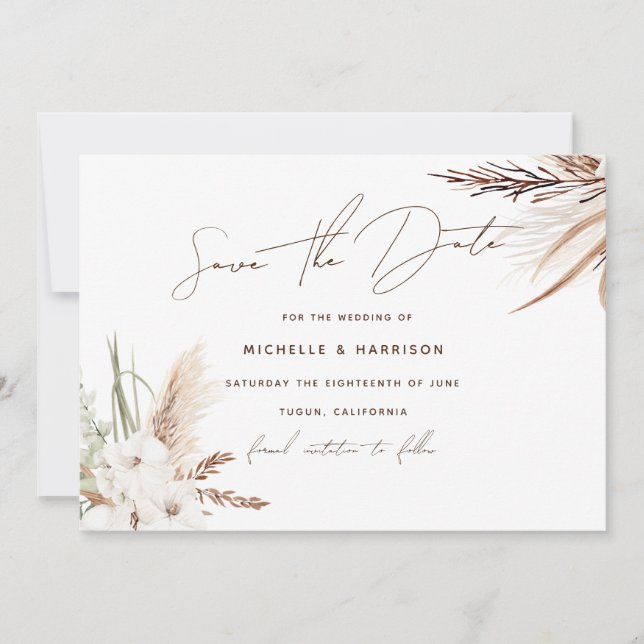 Save The Date Mariage floral bohème blanc moderne (Devant)