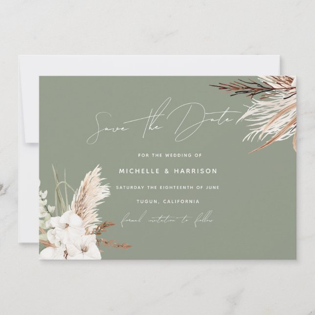 Save The Date Mariage Floral Bohème Blanc Moderne Vert Sauge (Devant)