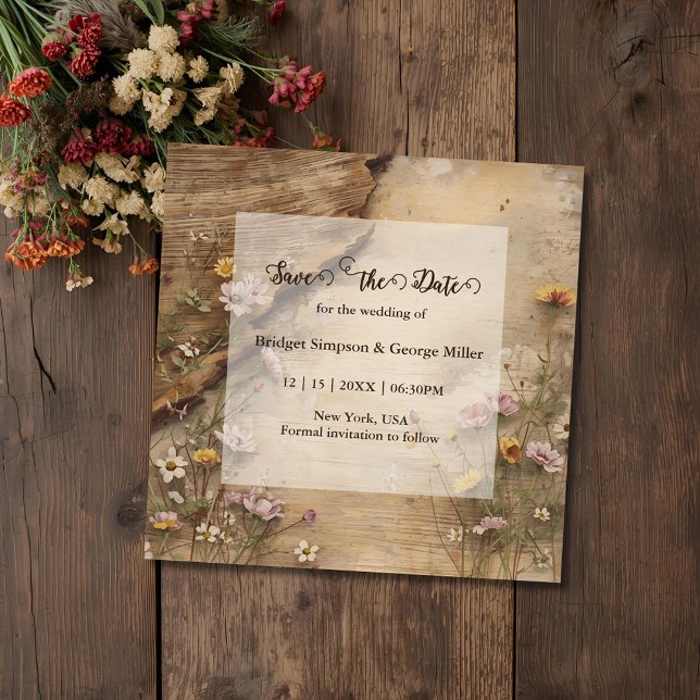 Save The Date Mariage Floral Bohème en Bois Rustique  (Créateur téléchargé)