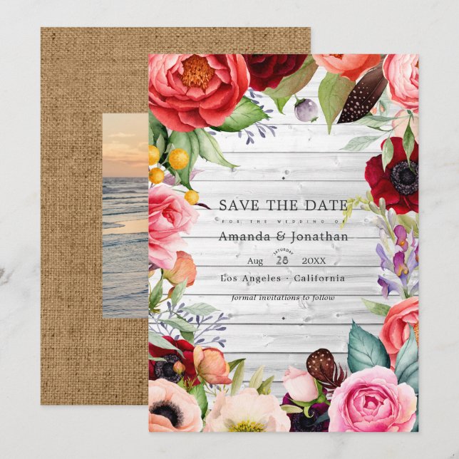 Save The Date Mariage Floral Bohème Rustique Photo (Devant / Derrière)