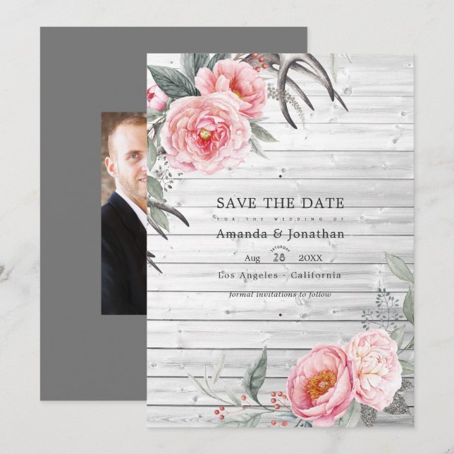 Save The Date Mariage floral bohème rustique rose et gris (Devant / Derrière)