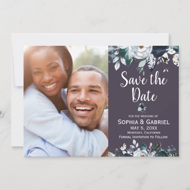 Save The Date Mariage floral Boho de la marine violette Enregist (Devant)
