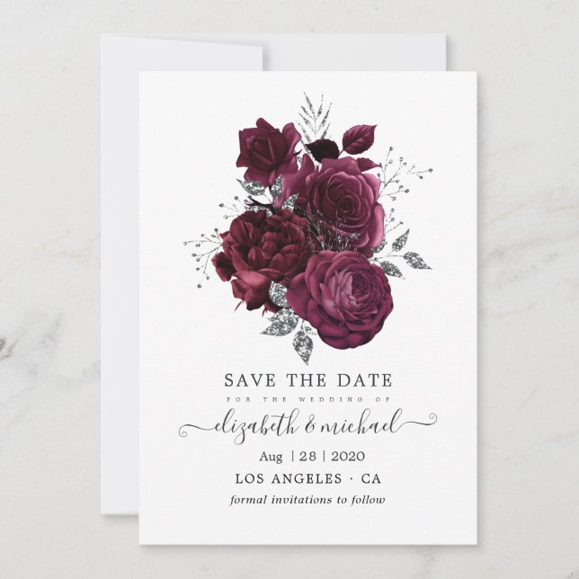 Save The Date Mariage floral bordeaux et argent (Devant)