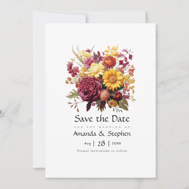 Save The Date Mariage floral bordeaux et jaune (Devant)