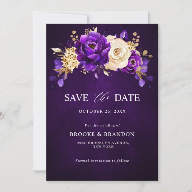 Save The Date Mariage floral botanique violet or royal  (Devant)